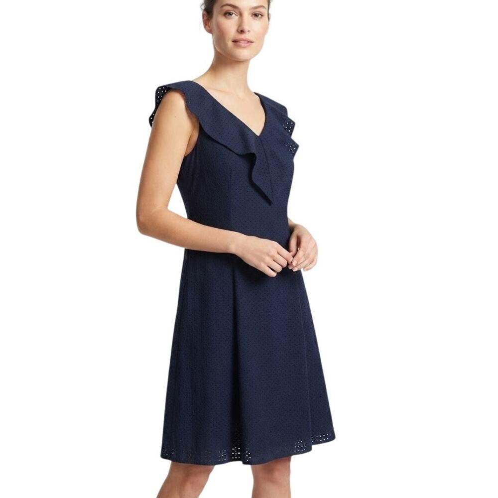 Eliza J Navy Perforated Laser Cut Fit & Flare Dress Petite Sleeveless 12 Petite